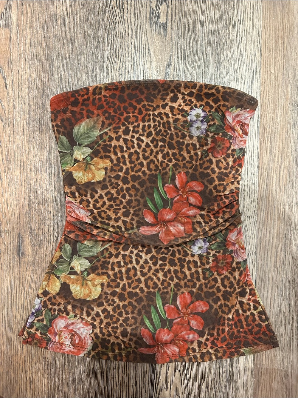 Floral Leopard Print Strapless Tube Top - Brown